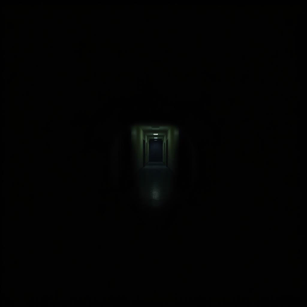 A first-person view through a peephole, showcasing an empty, dimly lit corridor