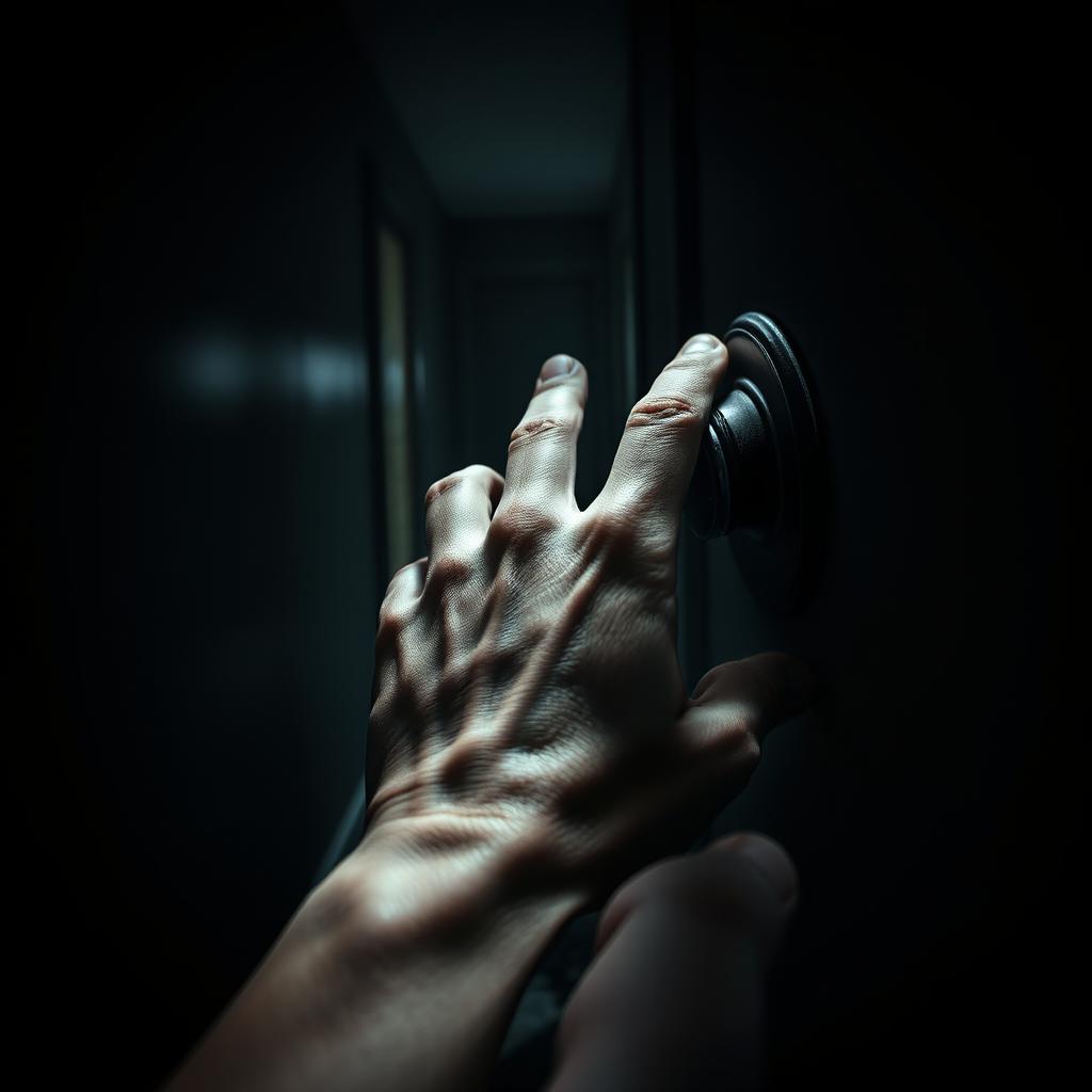A close-up view of a nervous hand, with fingers delicately and hesitantly reaching for an old-fashioned doorknob