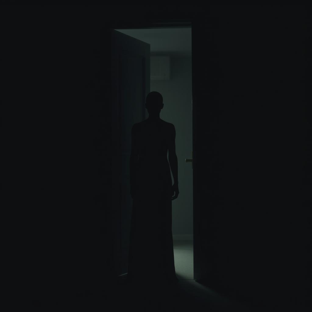 A tall, thin faceless silhouette positioned just outside an open door, enveloped in shadow