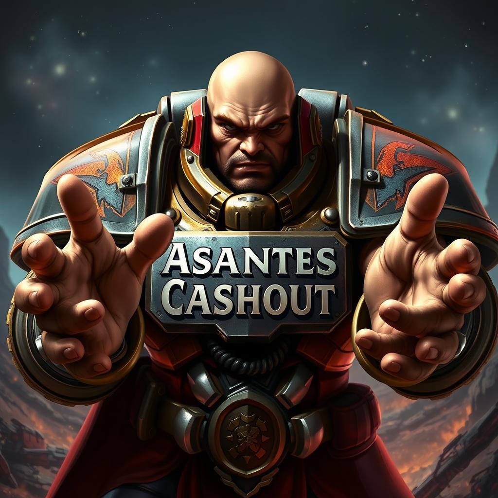 A detailed digital artwork of a powerful Space Marine from Warhammer 40k, depicted in a dynamic pose with his hands outstretched toward the viewer, showcasing a menacing yet heroic expression