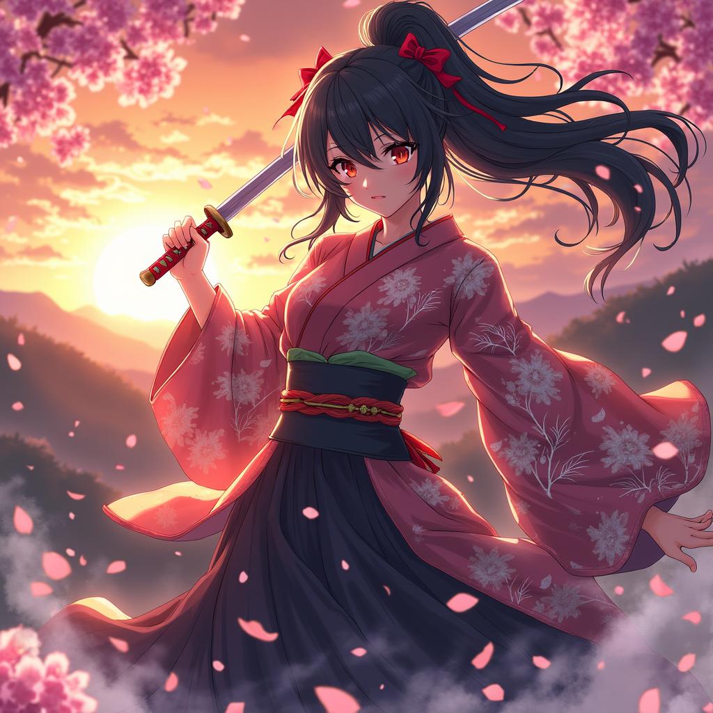 A powerful female character from a demon slayer anime, posed dramatically in a battle-ready stance with a katana in hand, surrounded by swirling mists and colorful cherry blossom petals