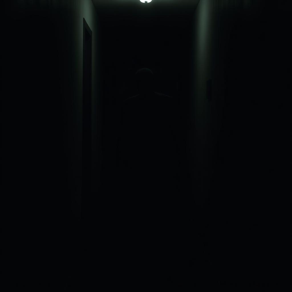 The same tall, thin faceless silhouette taking a step back into a shadowy hallway, partially fading into darkness
