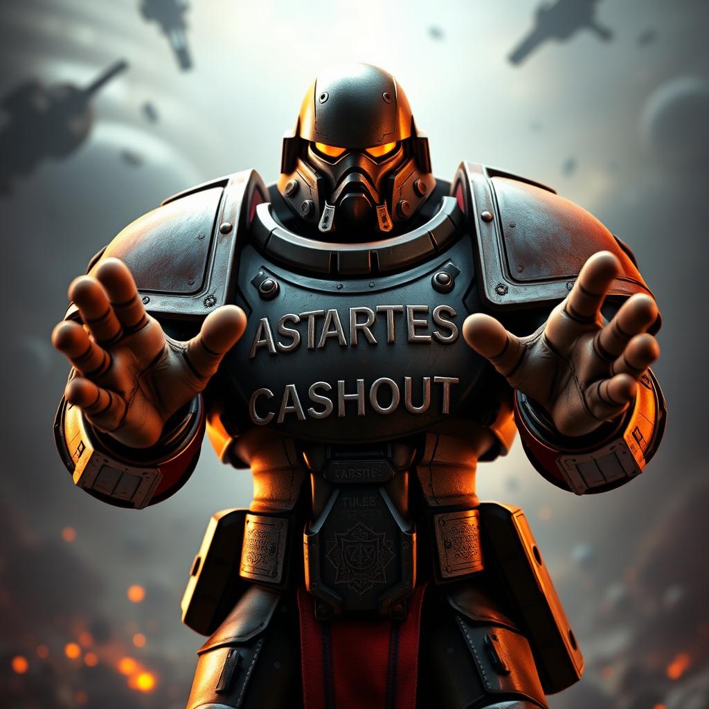 A space marine from Warhammer 40k standing confidently, his hands outstretched towards the viewer in a powerful pose