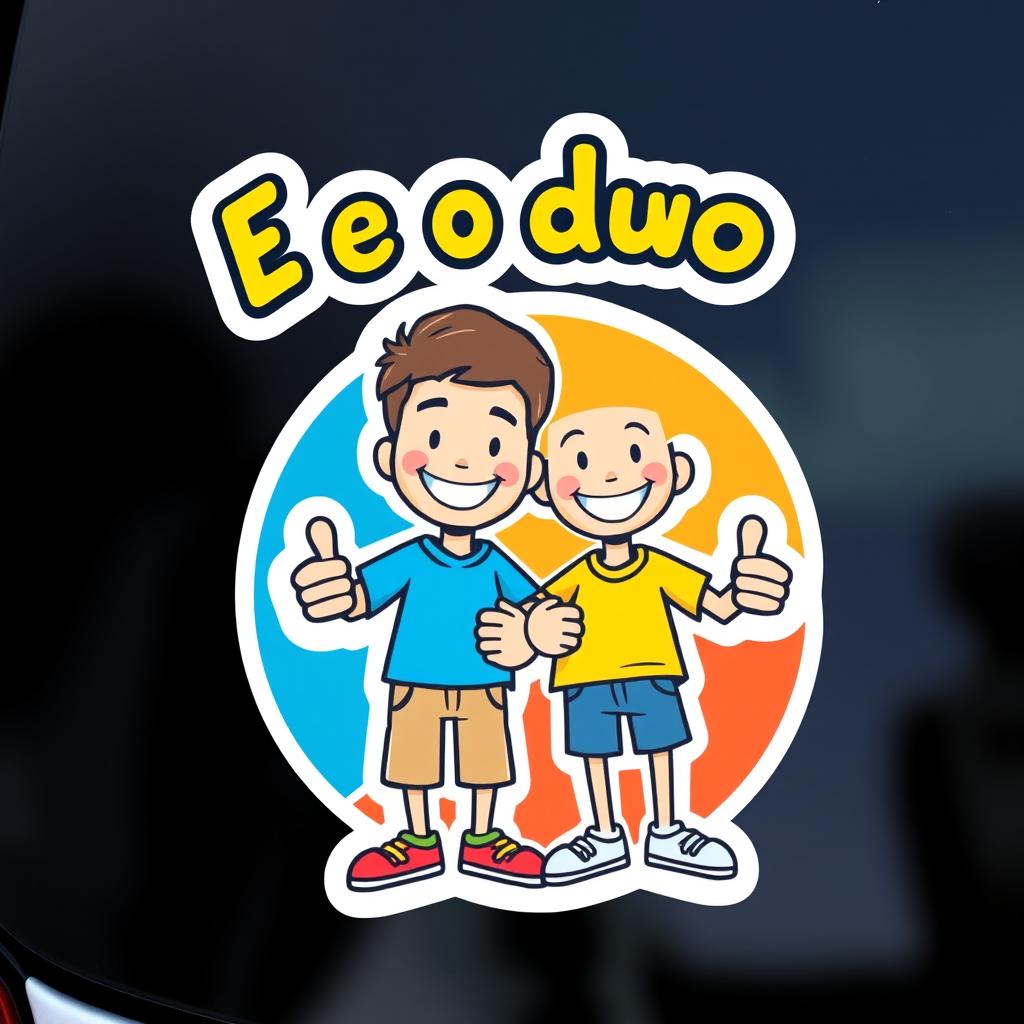 A vibrant and playful sticker design featuring two cartoon-style characters resembling you and your consideration brother, both smiling and giving a thumbs up