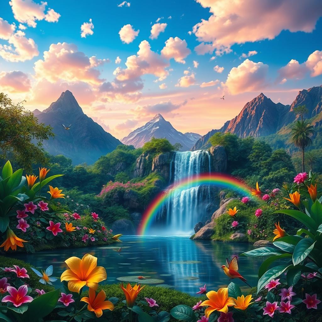 A vibrant, fantastical landscape featuring a cascading waterfall surrounded by lush greenery and colorful exotic flowers