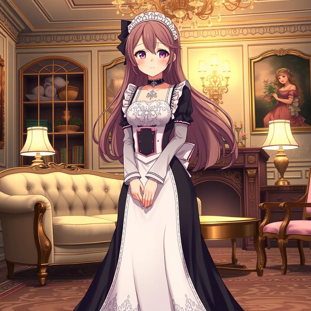 A beautifully illustrated anime character resembling Furina, wearing a long, elegant maid outfit that is both stylish and sophisticated