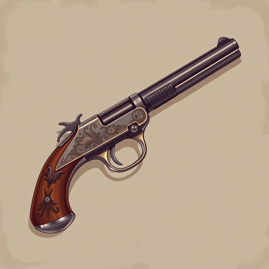 A vintage pistol illustrated in a 2D side view, showcasing intricate details such as ornate engravings and a polished wooden grip