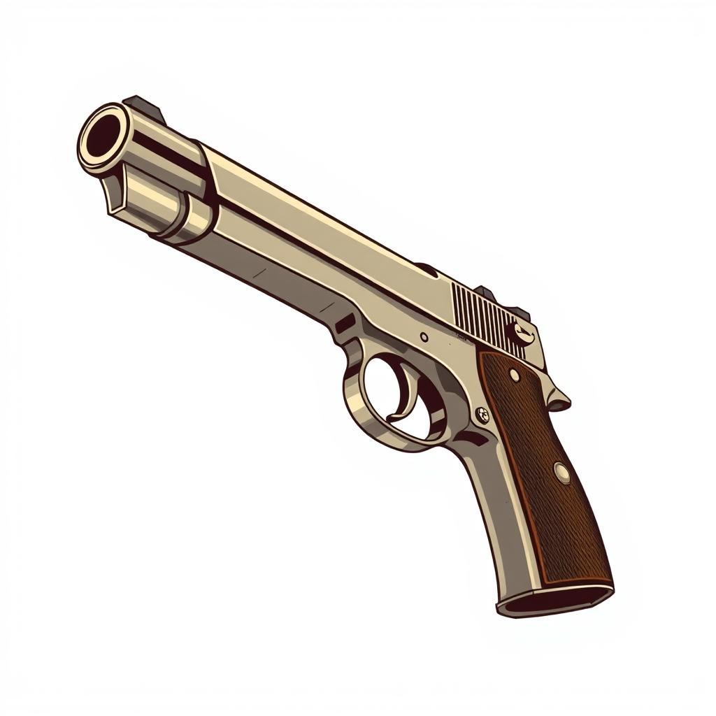 A vintage-style illustration of a pistol viewed from the side in a 2D format