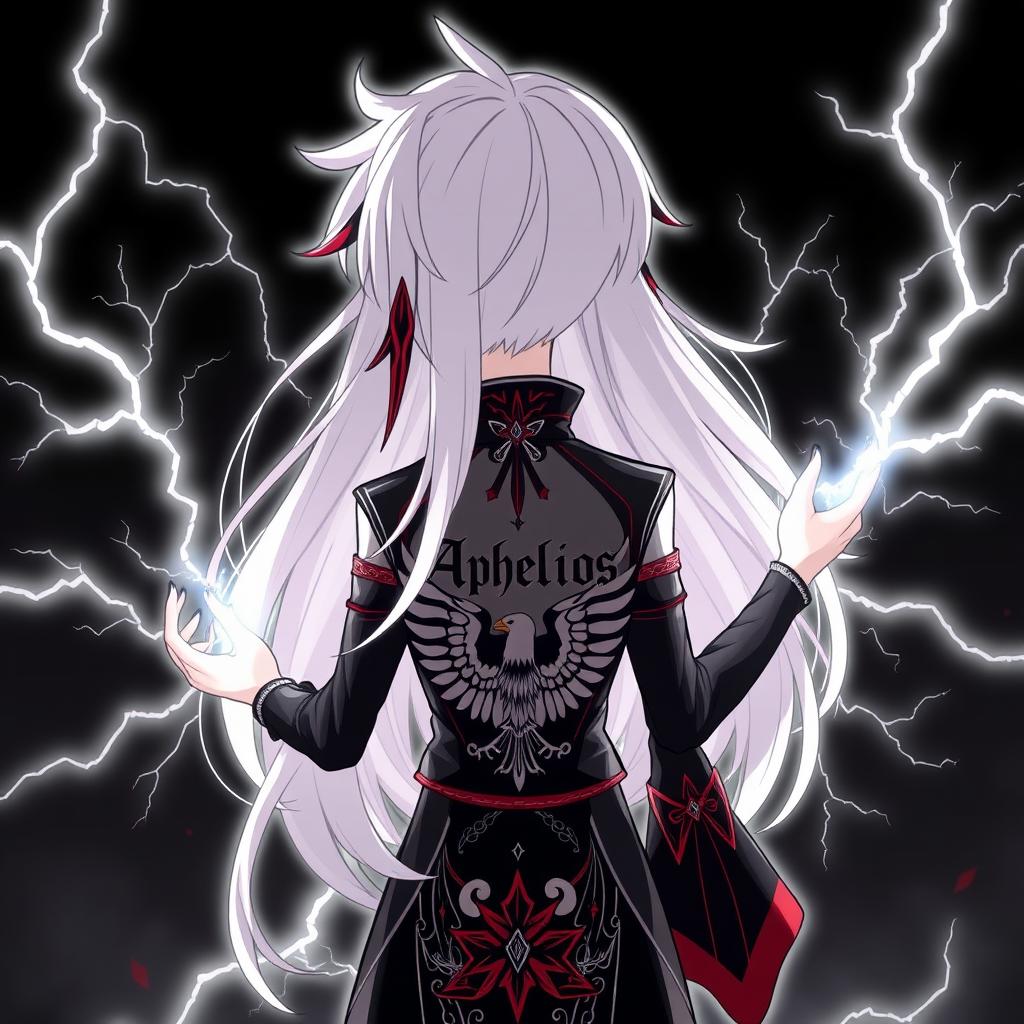 A stylized cartoon character in anime style, male, depicted from behind