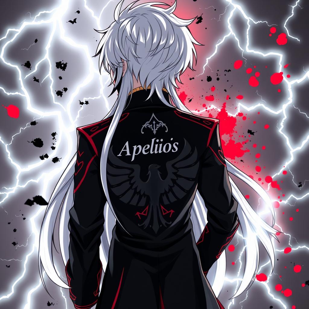A male cartoon character designed in anime style, viewed from behind, featuring long white hair richly highlighted with black and red shades