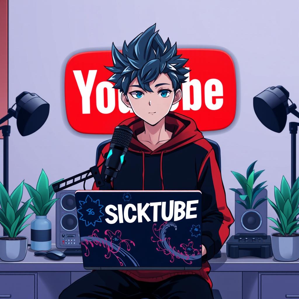 An 18-year-old anime boy with stylish, spiky hair, sitting in front of a modern computer desk
