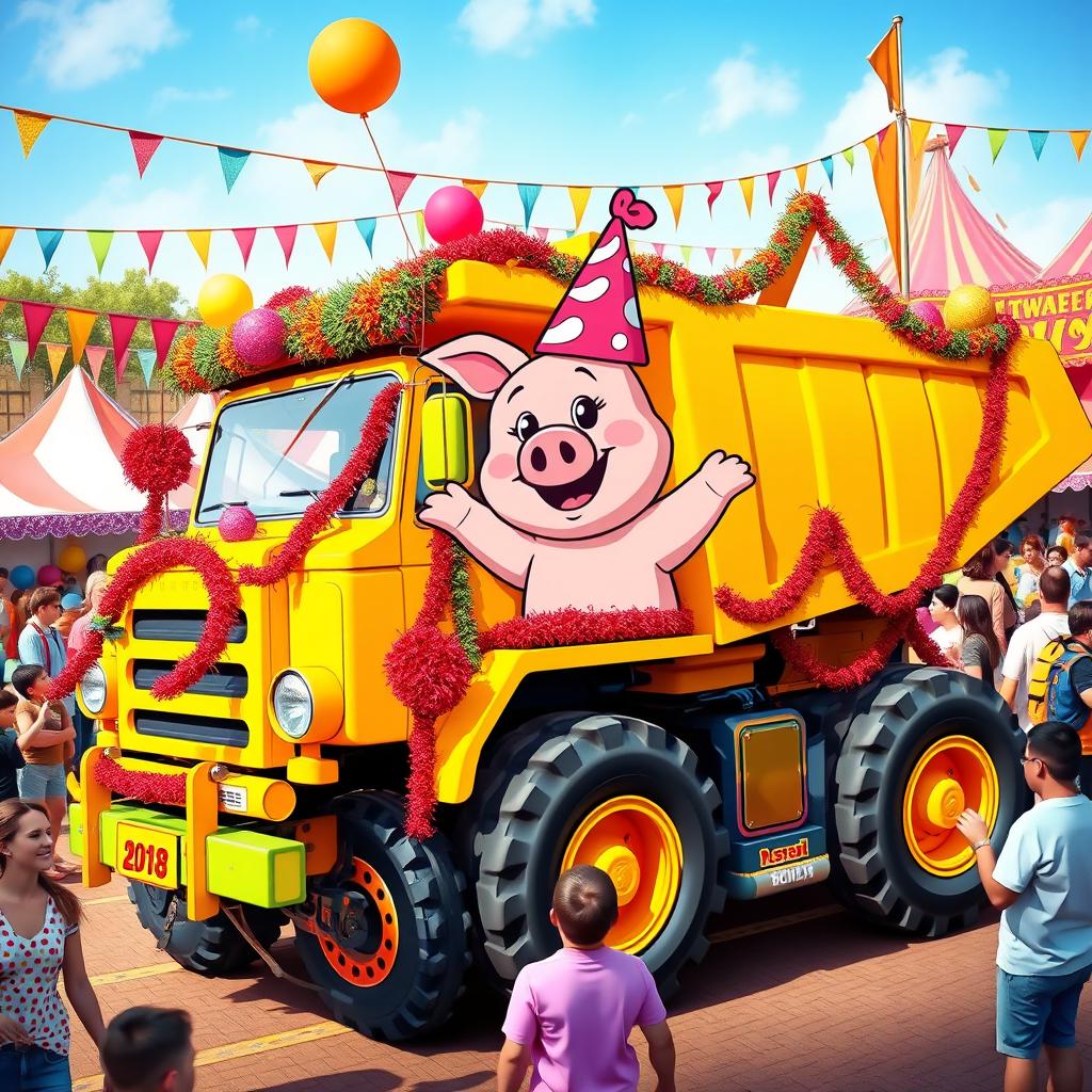A colorful and festive dump truck adorned with a lively pig mascot