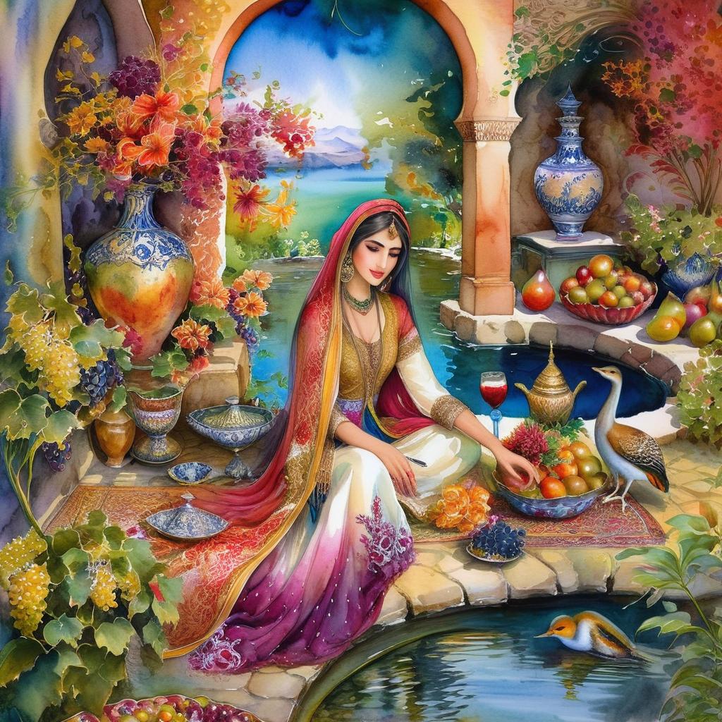 Mystical and spiritual watercolor painting of a beautiful Iranian woman sitting by a pond inside a beautiful courtyard with fruit and grape dishes, traditional vases and colorful flowers