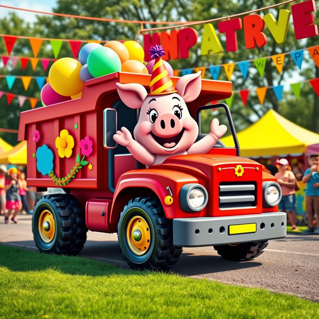 A whimsical and colorful dump truck featuring a playful pig mascot specifically designed for a lively festival