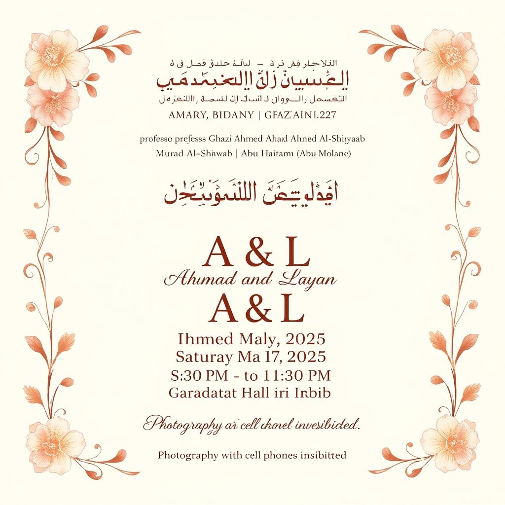 A beautifully designed wedding invitation featuring the elegant Arabic script of a prayer and a heartfelt message