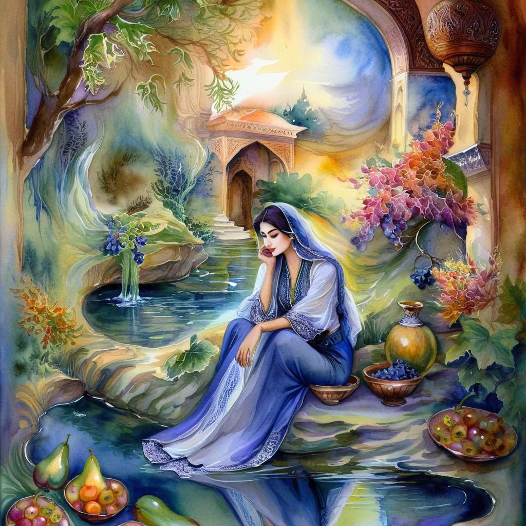 Mystical and spiritual watercolor painting of a beautiful Iranian woman sitting by a pond inside a beautiful courtyard with fruit and grape dishes, traditional vases and colorful flowers