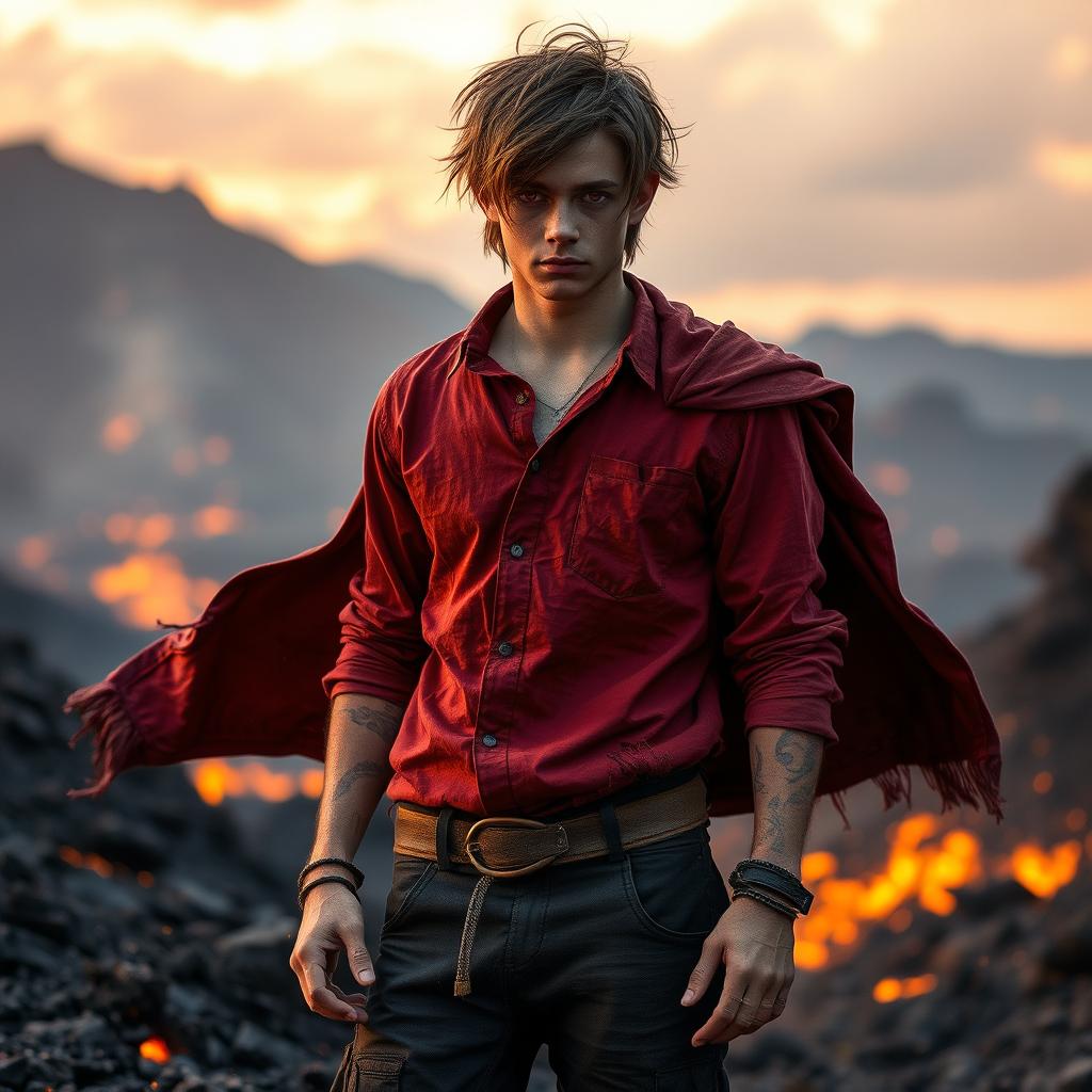 A 19-year-old male fire genasi standing at 5'10" with shaggy brown hair that adds to his rugged charm