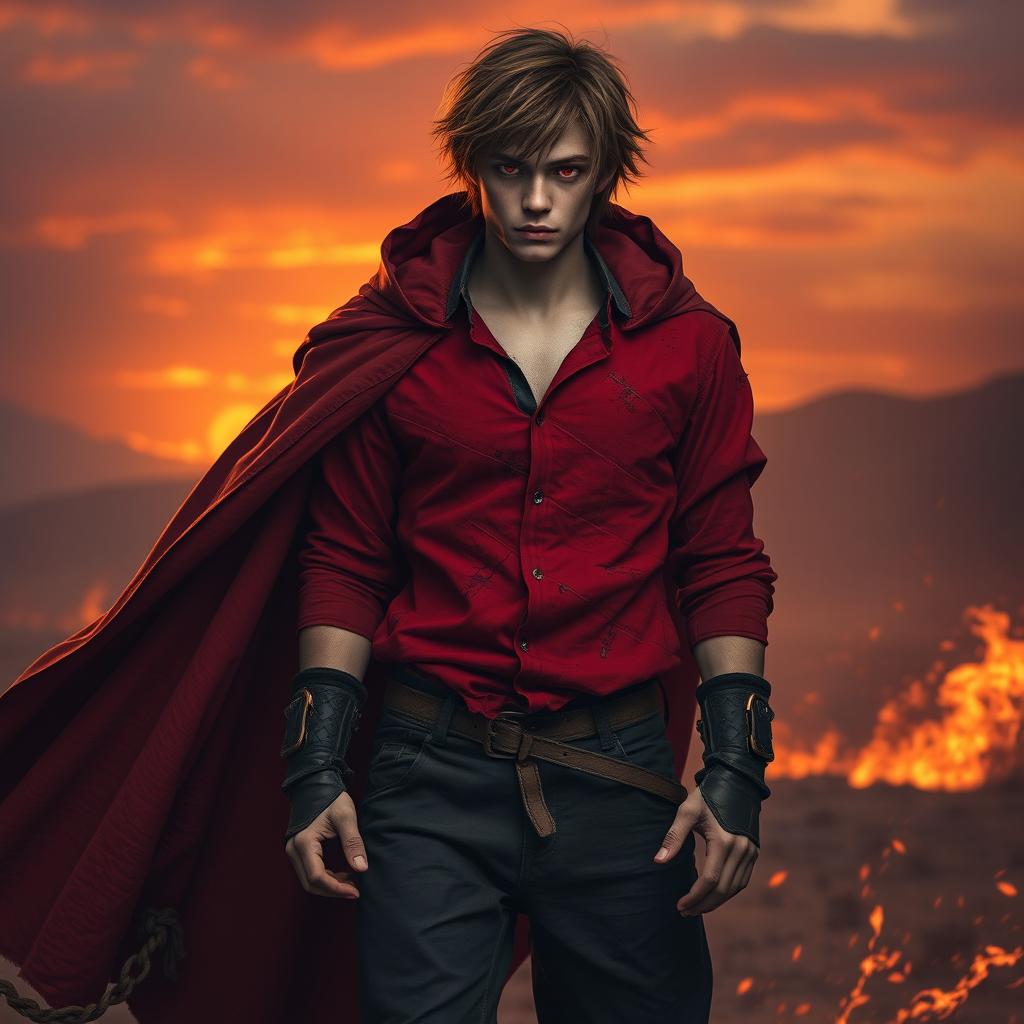 A 19-year-old male fire genasi standing at 5'10" with shaggy brown hair that frames his face, enhancing his adventurous look