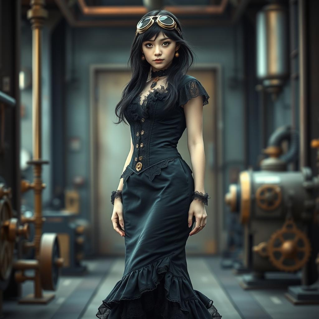 A 22-year-old human girl standing tall at 6'0" with jet black hair that falls gracefully around her shoulders, emphasizing her striking appearance