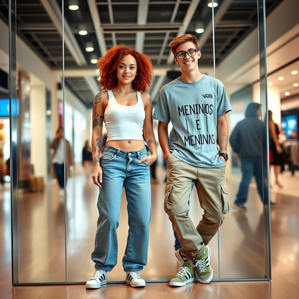A vibrant, lively indoor shopping mall scene capturing two young adults posing in front of a large mirror