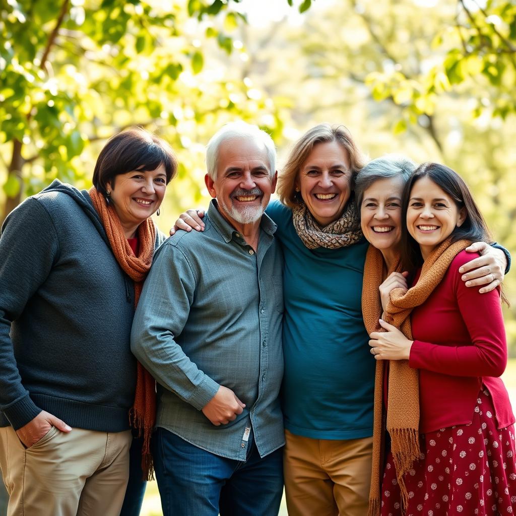 A realistic family portrait featuring multiple family members interacting joyfully, set against a beautiful outdoor background reminiscent of a sunny park with green foliage
