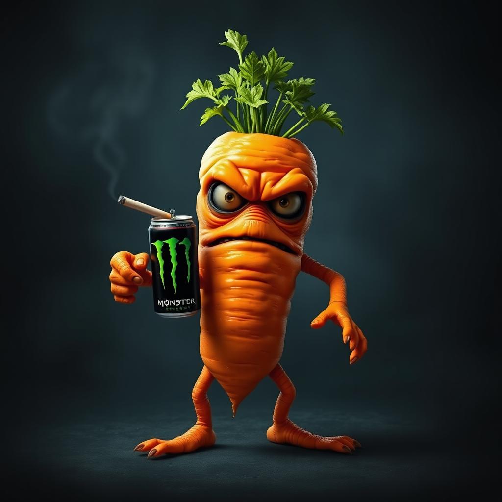 A creepy anthropomorphic carrot with expressive eyes, arms, and legs, holding a Monster Energy drink in one hand and a cigarette in the other