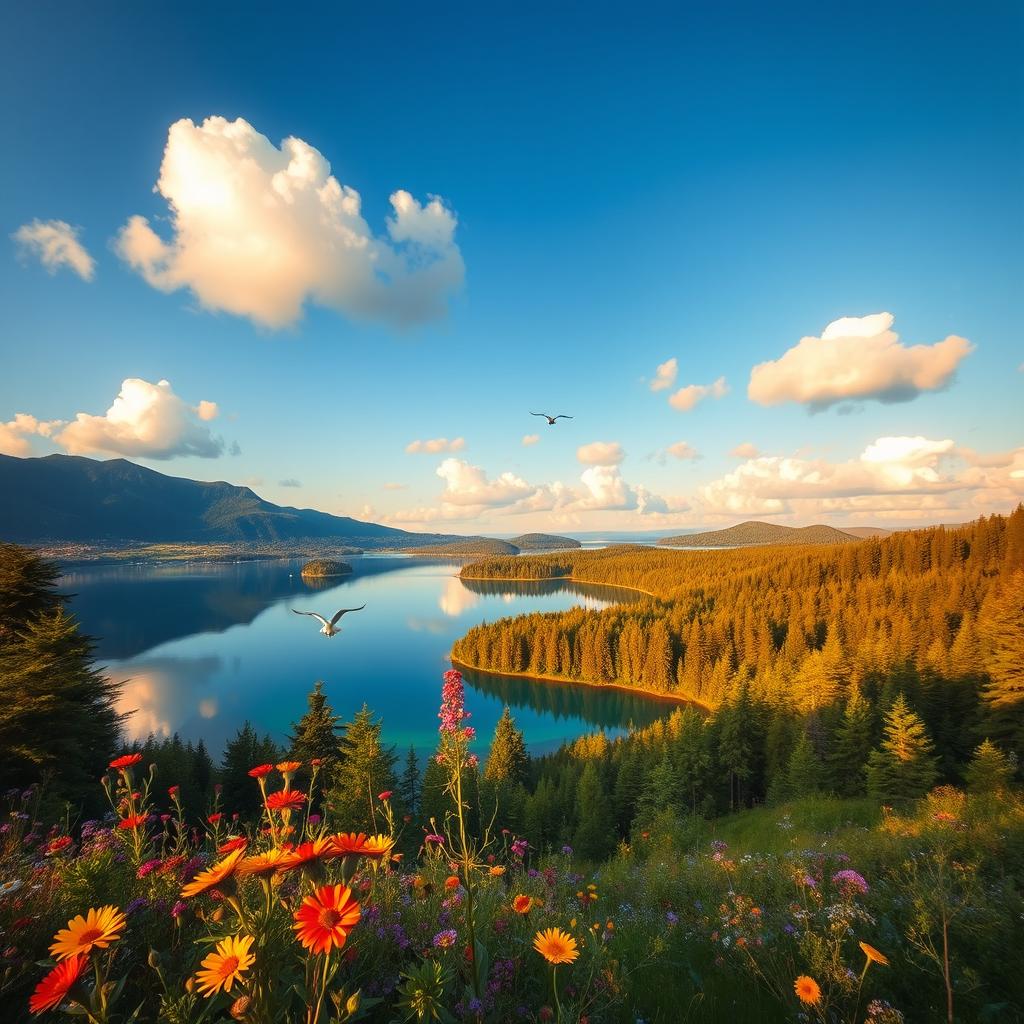 A serene landscape of a lush green forest featuring a tranquil lake with crystal-clear water reflecting the sky