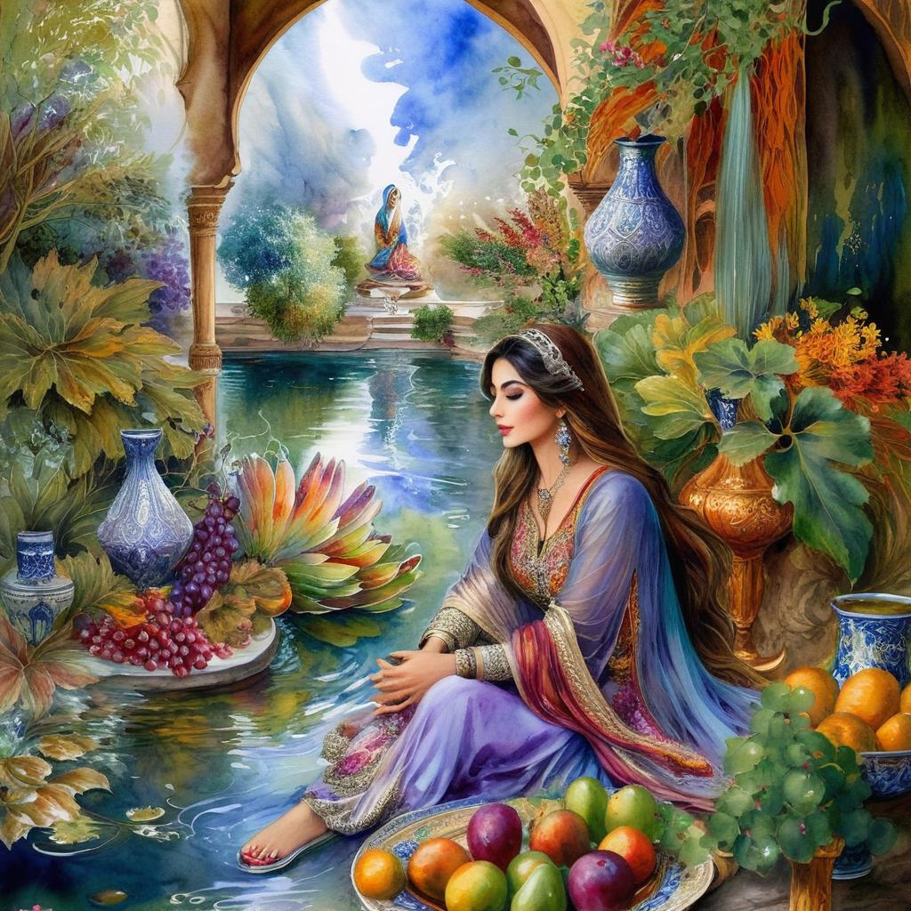 Mystical and spiritual watercolor painting of a beautiful Iranian woman sitting by a pond inside a beautiful courtyard with fruit and grape dishes, traditional vases and colorful flowers