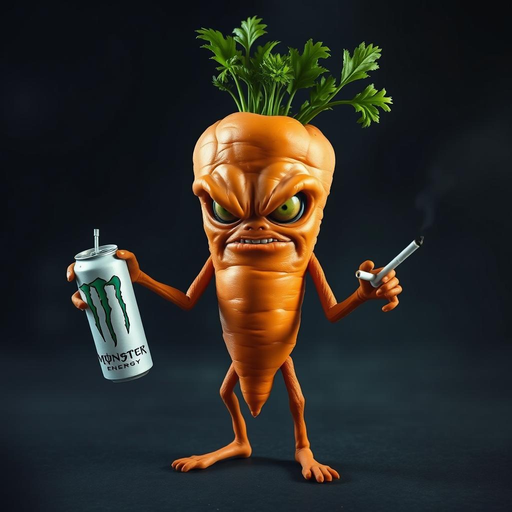 A creepy anthropomorphic carrot with expressive eyes, arms, and legs, holding a white Monster Energy drink in one hand and a cigarette in the other