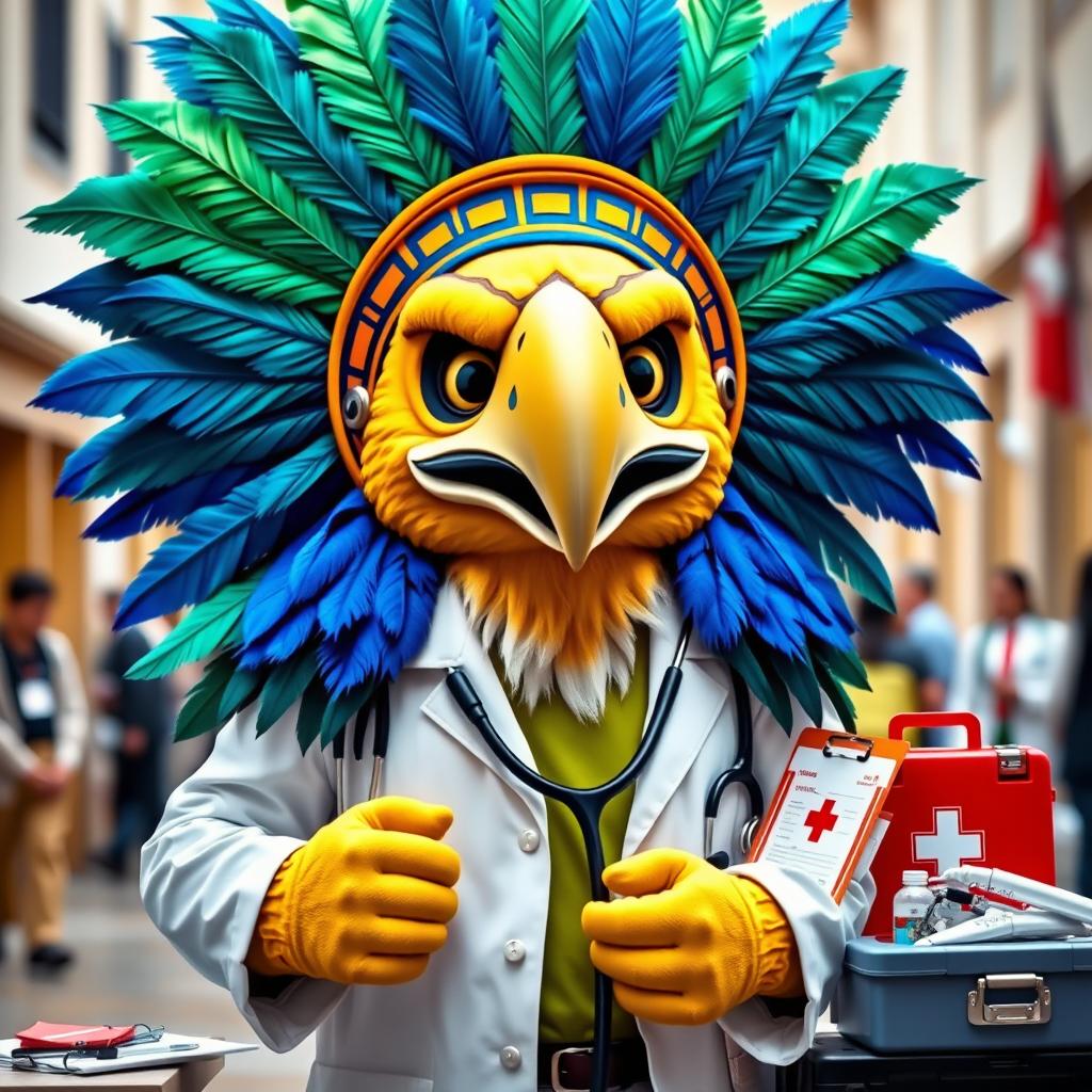 A vibrant and colorful depiction of a university mascot dressed as Cuauhtémoc, featuring a feathered headdress in shades of green and blue