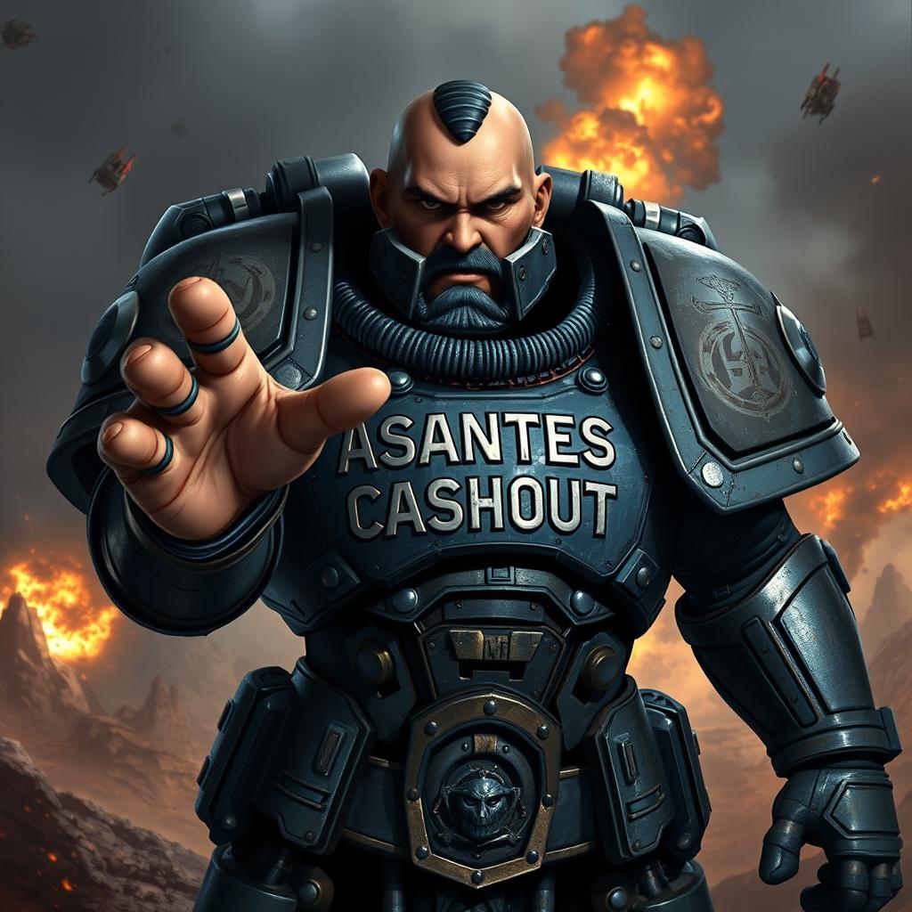 A powerful space marine from the Warhammer 40K universe, clad in intricate, detailed armor with the words “Astartes Cashout” boldly engraved across the chest plate