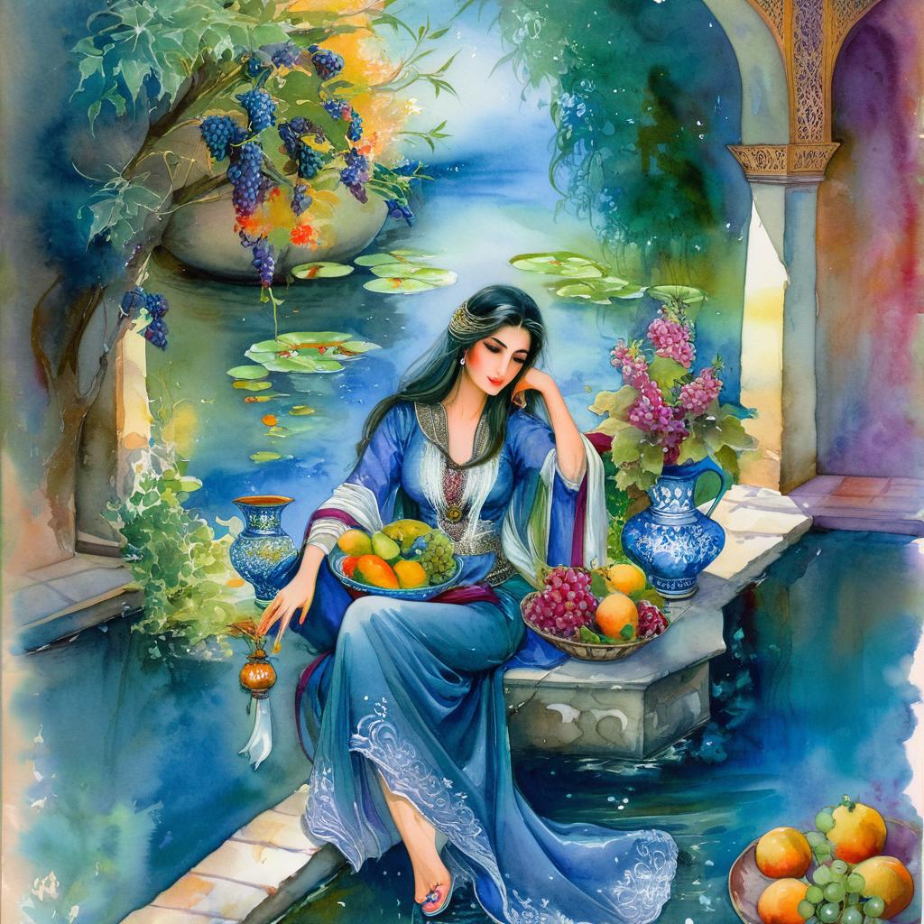 Mystical and spiritual watercolor painting of a beautiful Iranian woman sitting by a pond inside a beautiful courtyard with fruit and grape dishes, traditional vases and colorful flowers