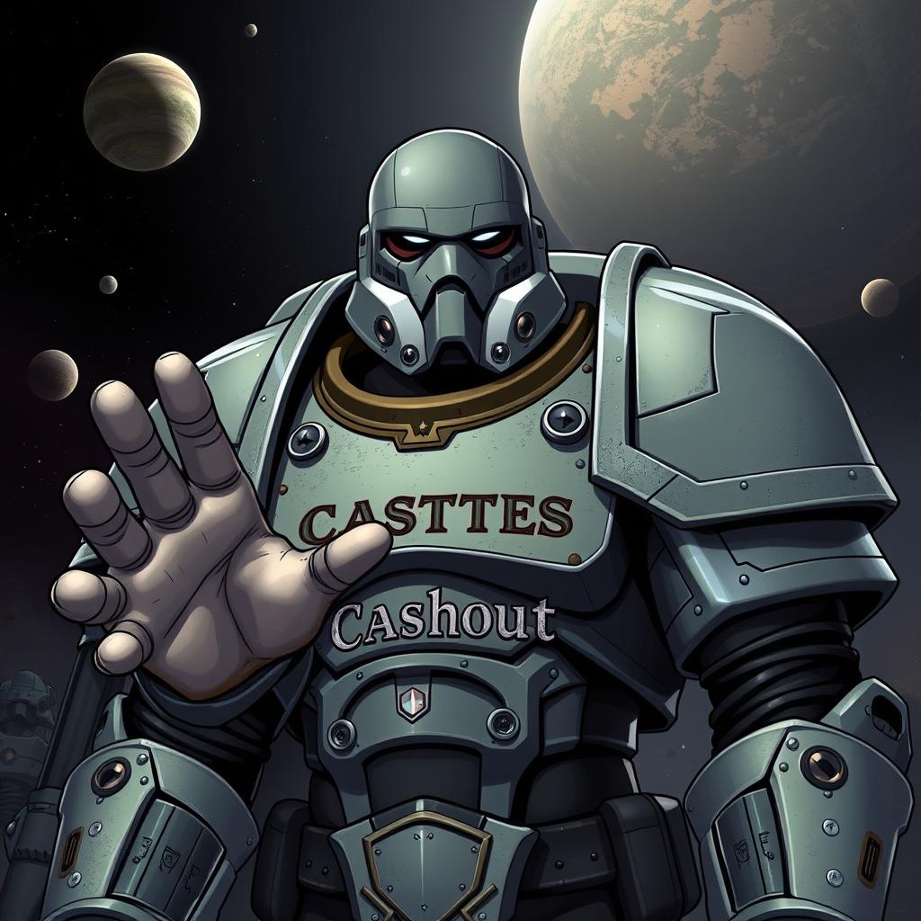 A digital illustration of a space marine from Warhammer 40K, depicted in a heroic stance with his armored hand extended towards the viewer as if offering assistance