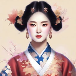 A high-quality digital art depicting a girl in traditional Rukaten attire, with a distinct Korean influence