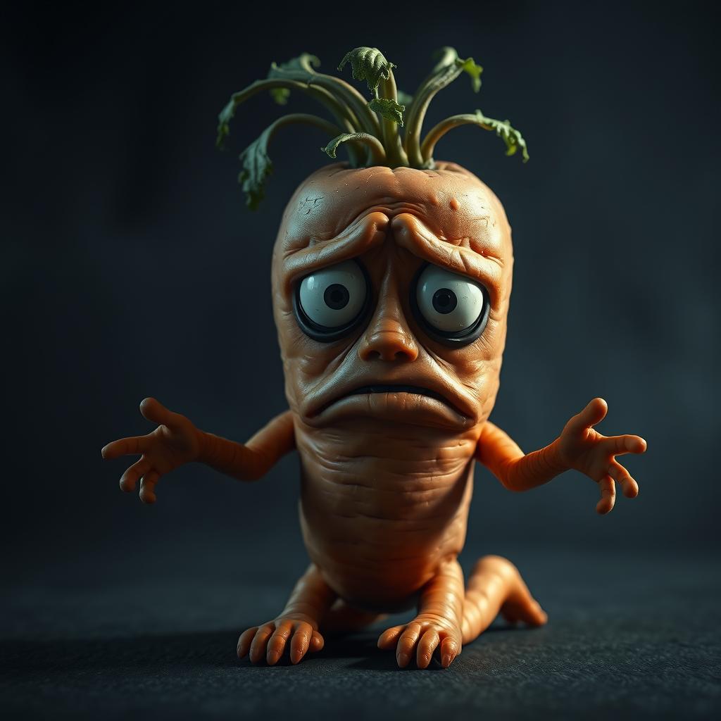 A creepy and sad anthropomorphic carrot with large, expressive eyes that convey sorrow, kneeling down with its arms outstretched in a begging posture