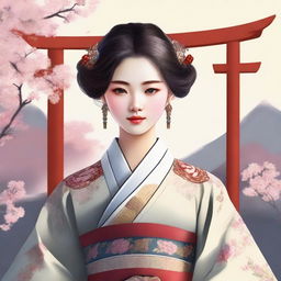 A high-quality digital art depicting a girl in traditional Rukaten attire, with a distinct Korean influence