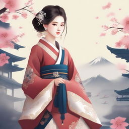 A high-quality digital art depicting a girl in traditional Rukaten attire, with a distinct Korean influence