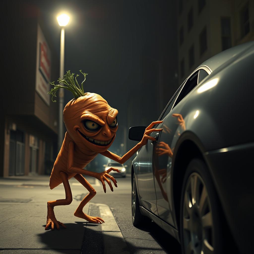 A creepy anthropomorphic carrot with sinister eyes, sneaking towards a parked car in an urban setting