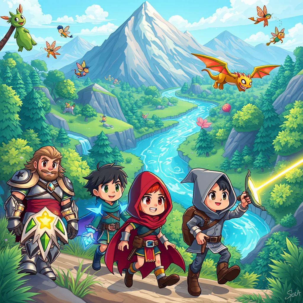 A dynamic, colorful animated scene featuring a vibrant fantasy landscape, where a group of adventurous characters are exploring lush green forests, sparkling rivers, and majestic mountains