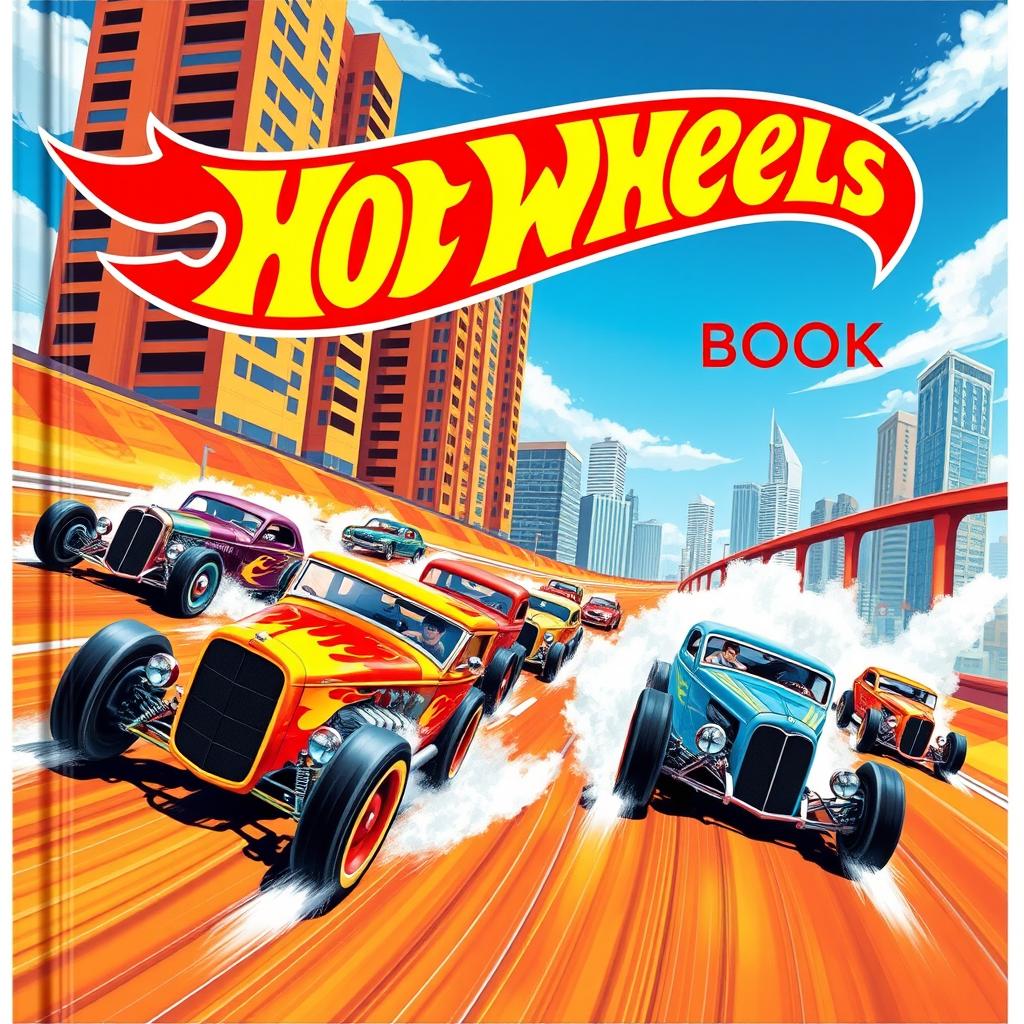 A vibrant and dynamic illustration for a Hot Wheels book cover, featuring an array of brightly colored and intricately designed hot rod cars racing on winding tracks