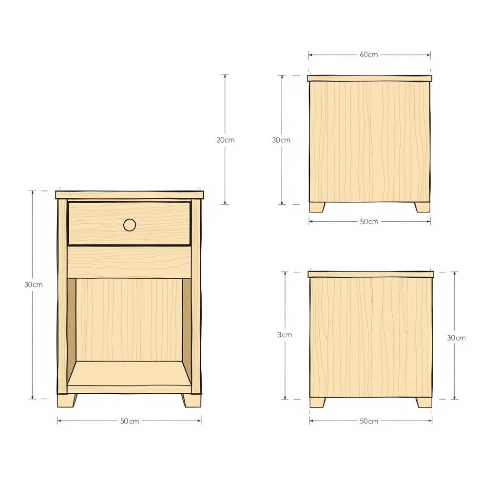 A detailed design sketch of a nightstand presented in three views: front, side, and top