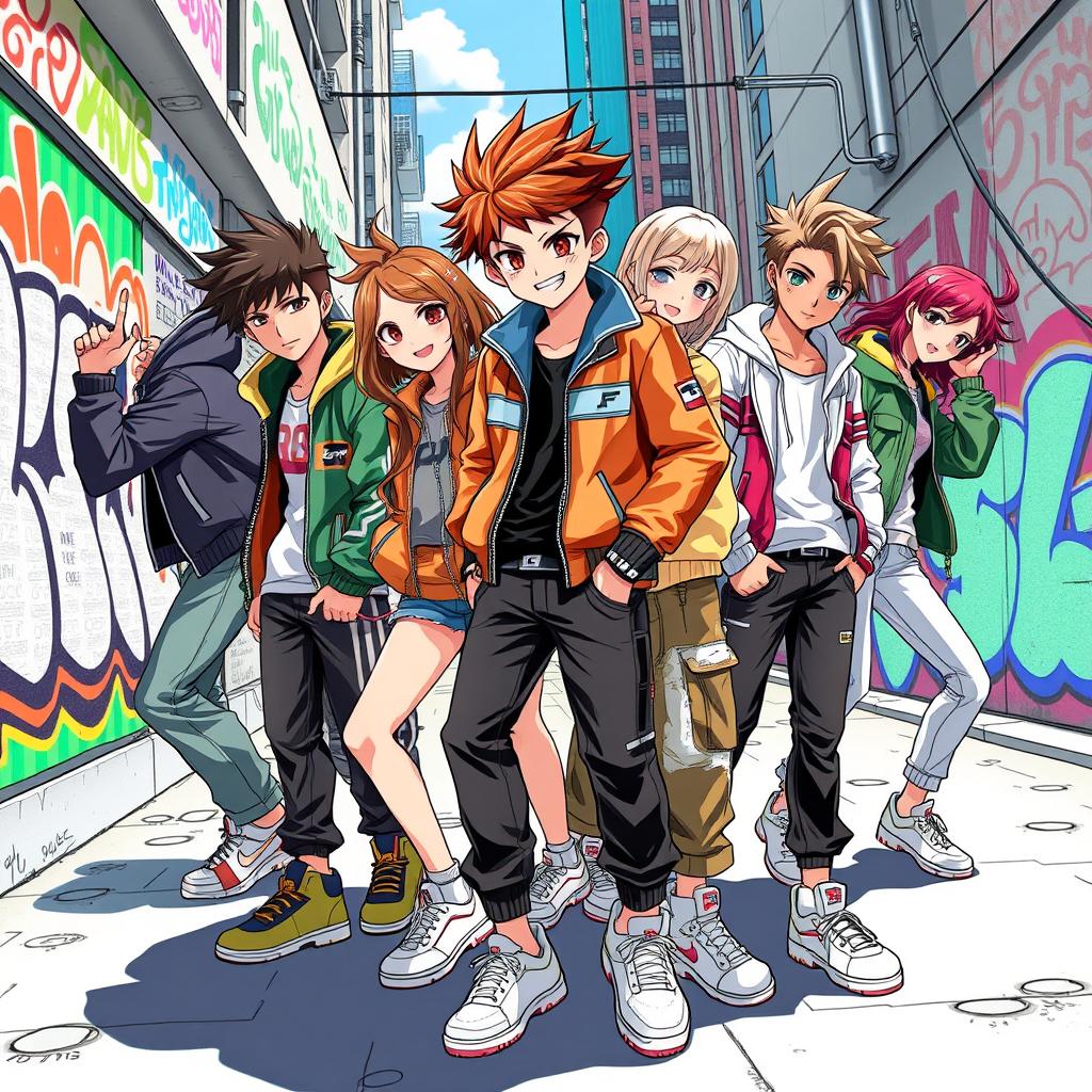 A dynamic scene featuring a group of young, stylish characters inspired by the manhwa style showcased in 'Windbreaker'