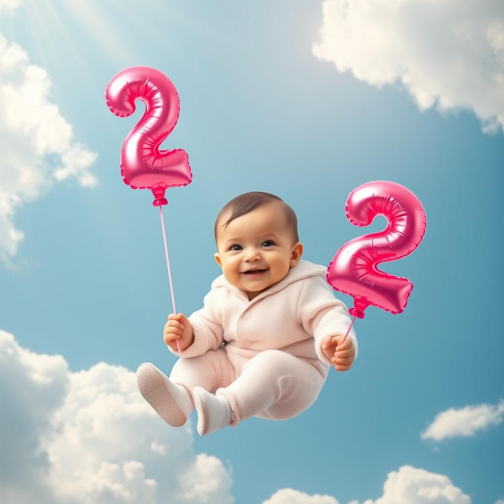 A serene and whimsical scene featuring a cute baby with bright, joyful eyes, gently floating in a picturesque sky