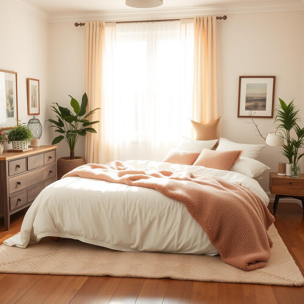 A cozy, well-decorated bedroom that features a large, inviting bed with plush pillows and a warm, thick blanket