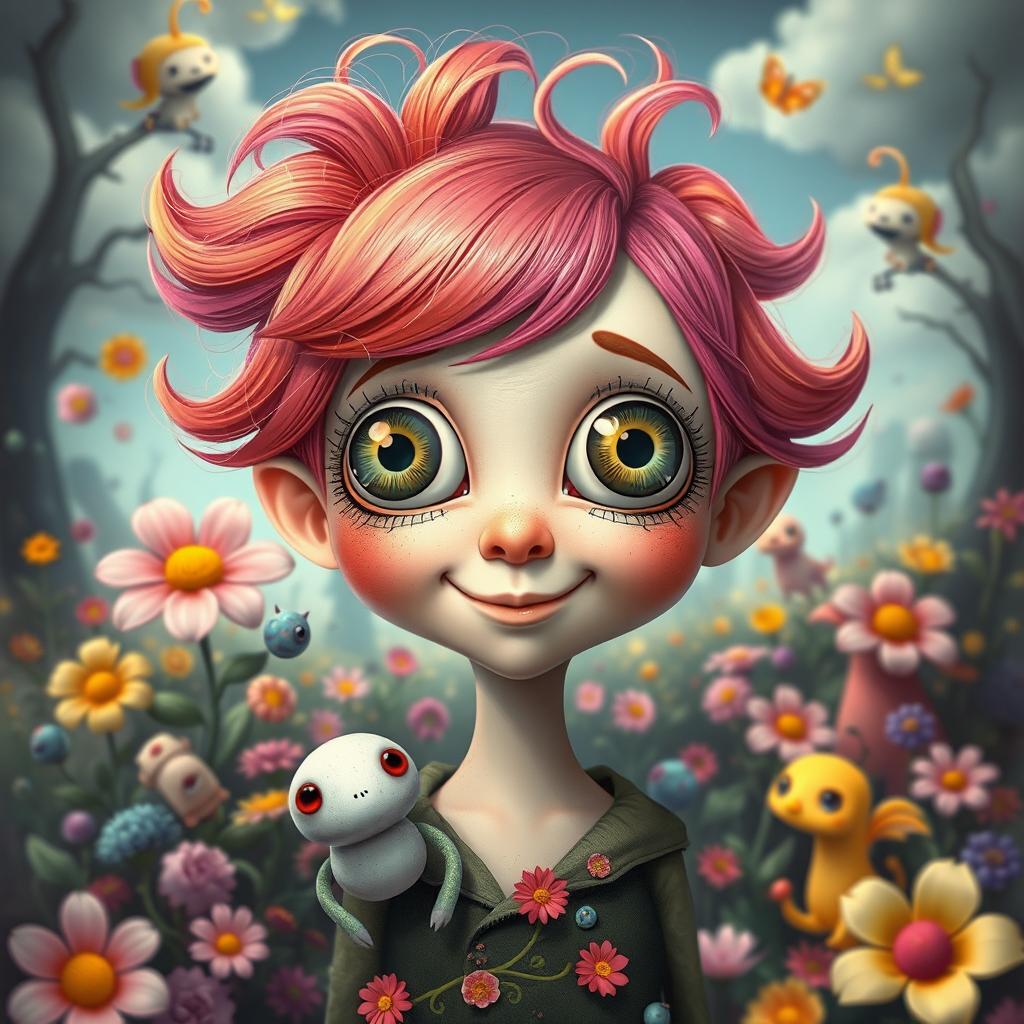 A surreal and imaginative digital artwork featuring a whimsical character with both of her eyeballs positioned in the middle of her forehead
