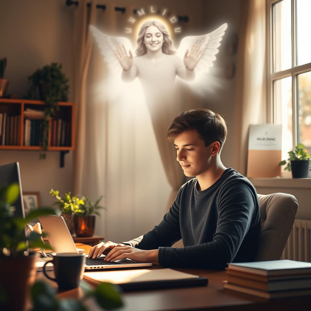 A cozy home office scene featuring a person focused on working intently on a laptop