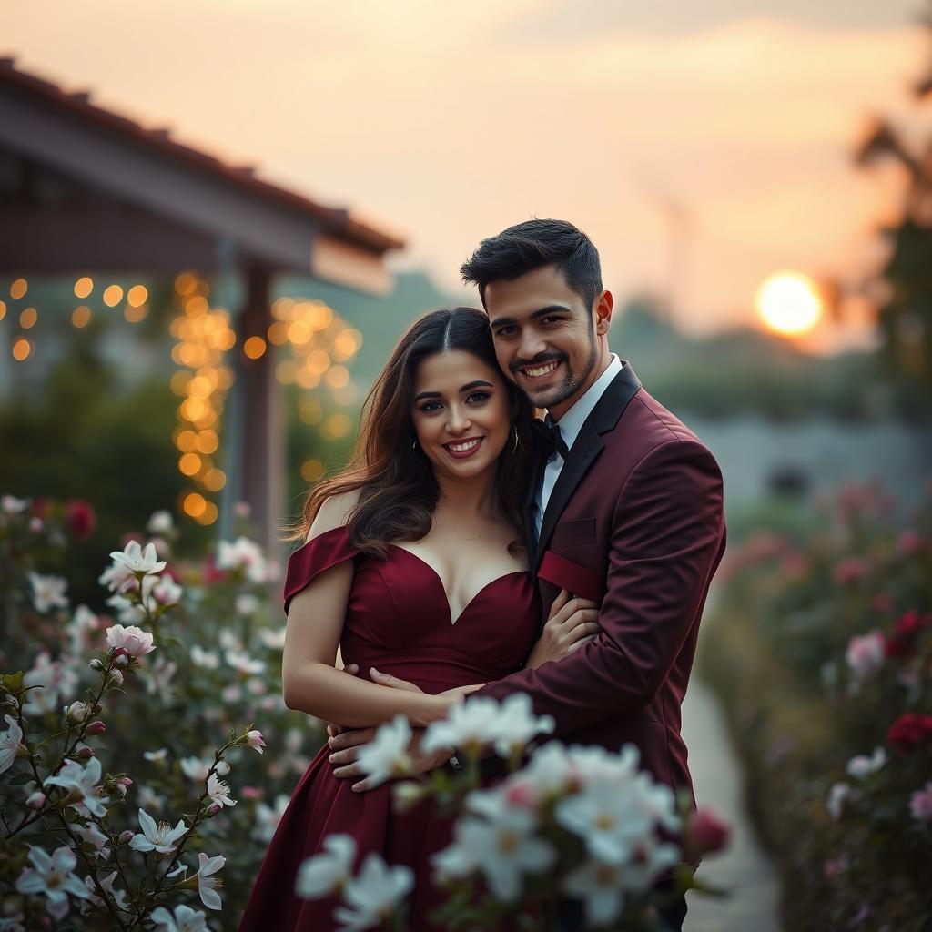 A realistic image of a couple in a beautiful romantic setting, both wearing elegant maroon outfits