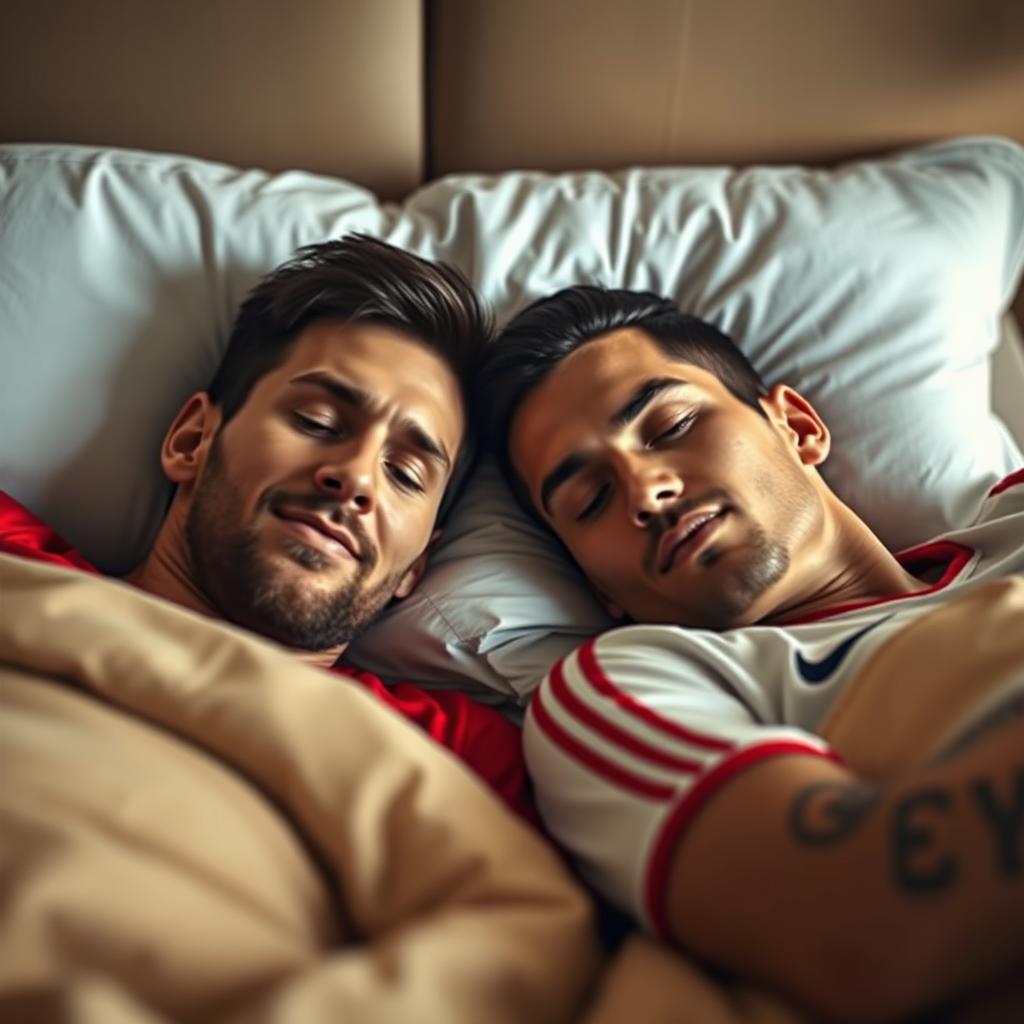 Messi and Ronaldo lying peacefully together on a bed, both with serene expressions on their faces, showcasing their real likenesses