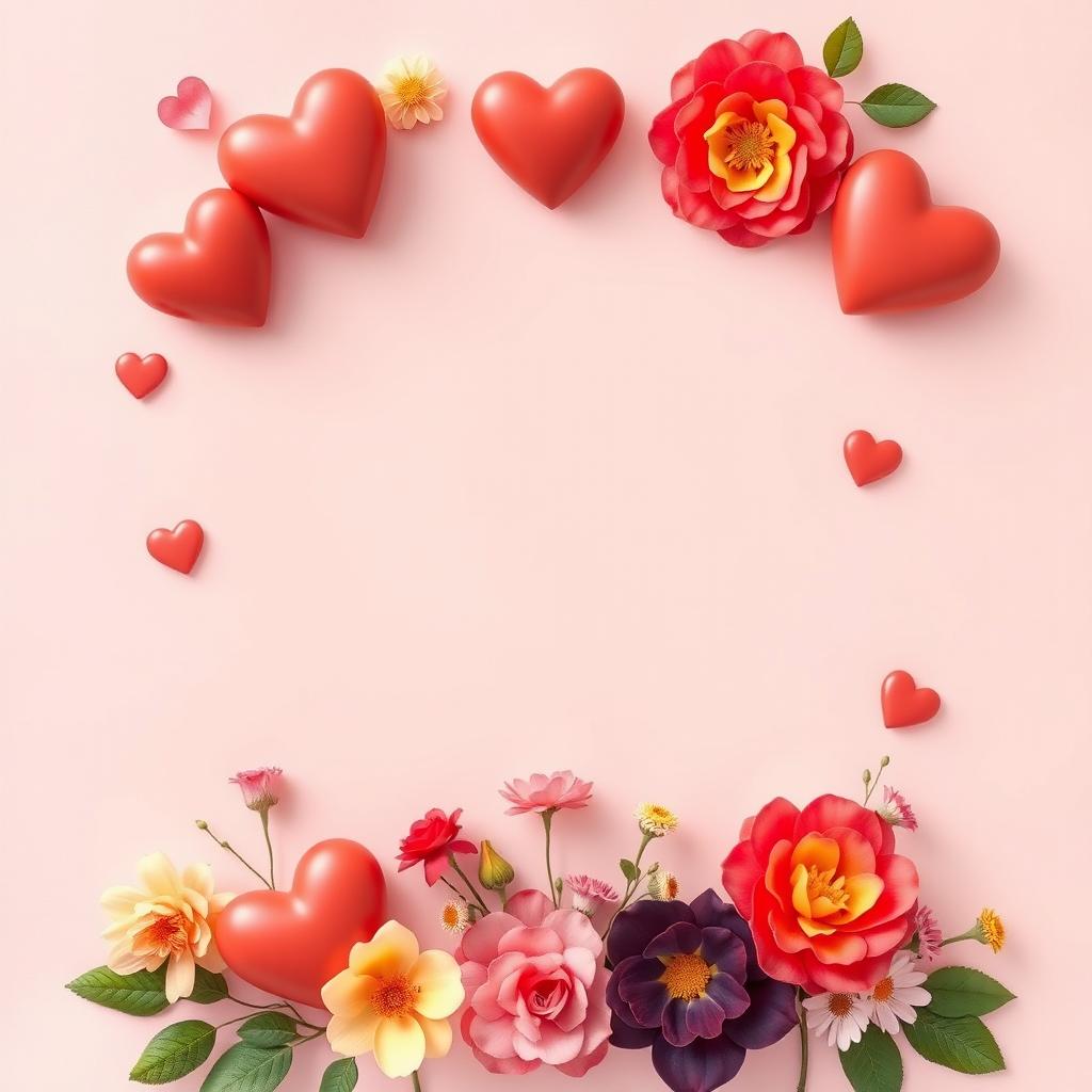 A beautiful poster design featuring a soft pink and cream background, adorned with lovely heart emojis and vibrant floral elements