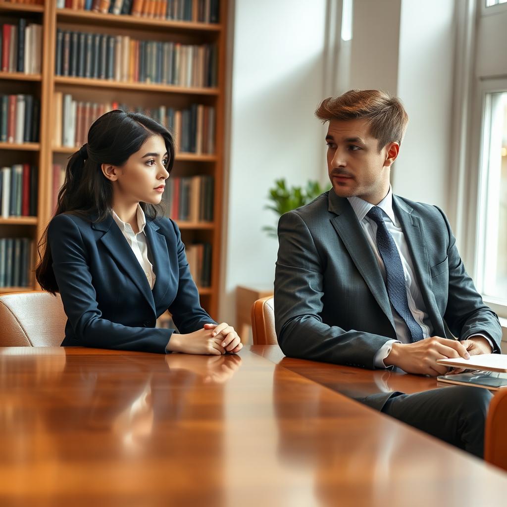 A girl and a man in elegant suits sitting across from each other at a polished wooden table, deeply engaged in a debate